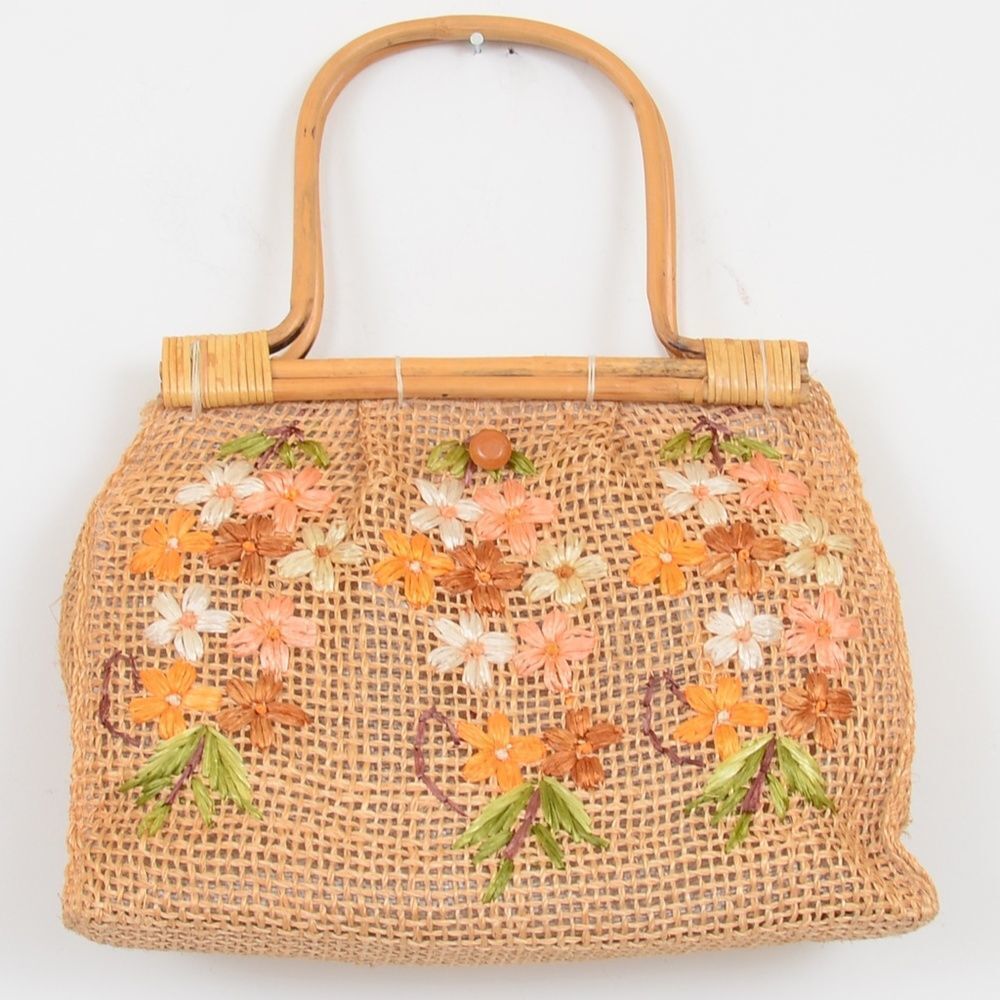 Y2K Boho‎ Burlap Bamboo Flowers Handbag Purse Satchel Resortwear Vacation Cruise